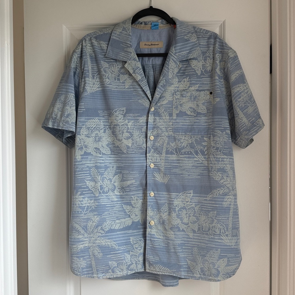 Tommy Bahama Shirt Mens Blue Gray Hawaiian Aloha Floral Button Front L